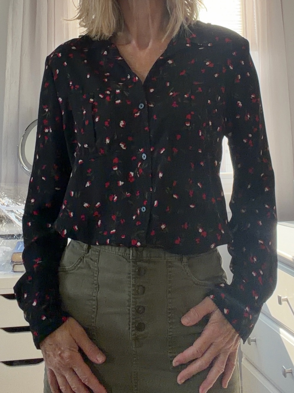 Banana Republic Black Button-Down Shirt with Red Floral Print